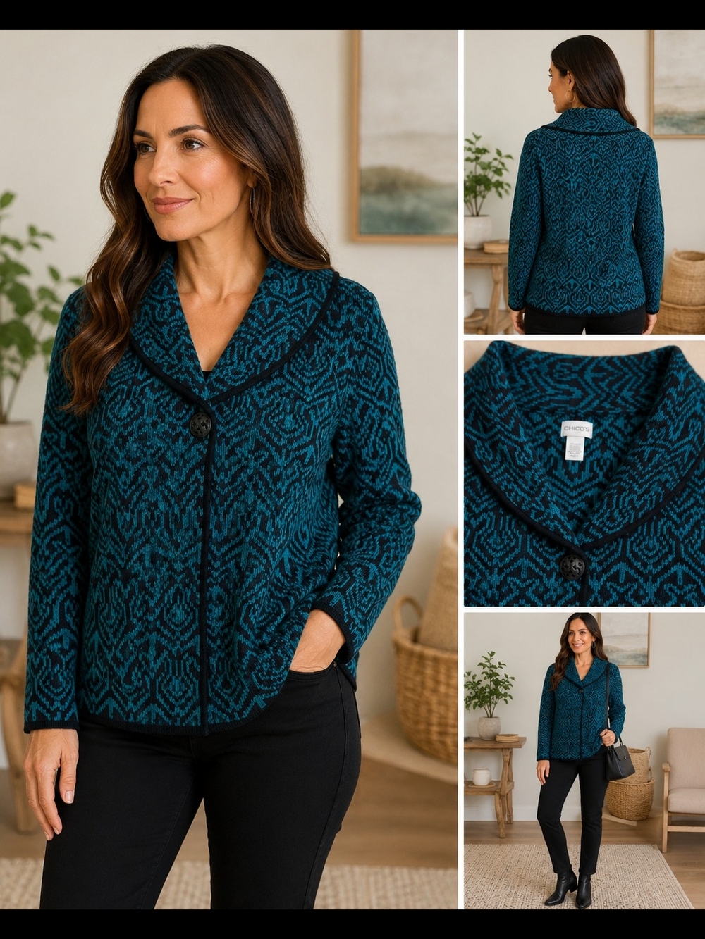 Chico's Teal and Black Patterned Shawl-Collar Cardigan